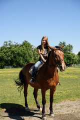 Fototapeta premium young beautiful brunette girl riding horse outdoor