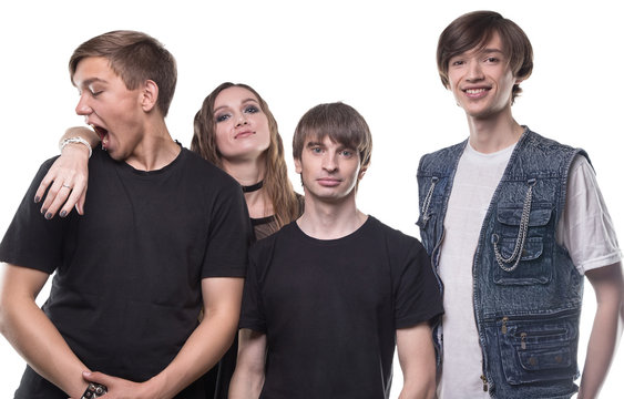 Hugging friends - woman and three men