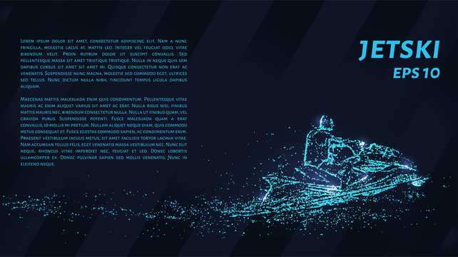 Jet is composed of pixels. Particles in the form of a jetski on a dark background. Vector illustration.