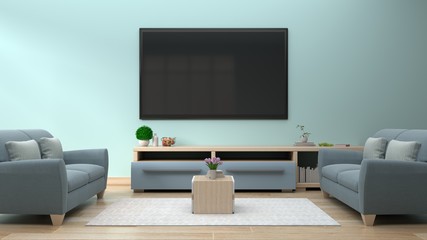 TV on the blue wall in modern living room have sofa in room,3d rendering