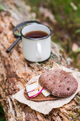 Sandwich with bacon (pork) and hot drink in the forest