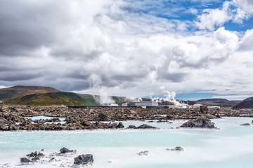 Mineral white lake next to geothermal station in Iceland