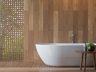 Naklejka na ściany i meble Modern contemporary bathroom 3d rendering image.Decorate wall and floor with wood .There are void with wood lattice Look out to see nature