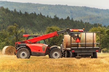 Fototapeta premium Telescopic collector straw collector on field in the Czech Republic. Work on an agricultural farm. Collecting straw bales.