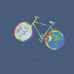 Rainbow bike one wheel planet Earth another wheel moon.
