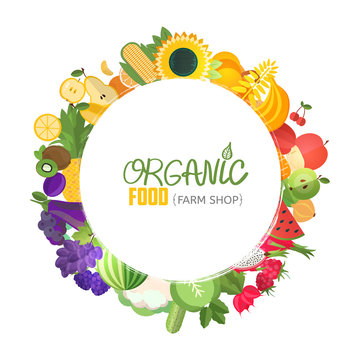 Organic food typographic poster background. Color decorative circle frame composed of fruits and vegetables. Healthy organic food vector concept illustration.