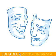 Theatrical masks of tragedy and comedy character. Editable line sketch. Stock vector illustration.