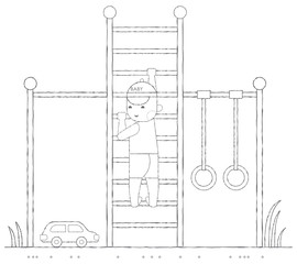 Boy playing in the playground on the stairs outline