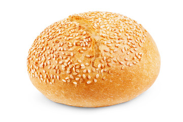 Burger bun with sesame seeds isolated on white background with clipping path