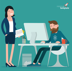 Cartoon men and women working and communication in office
