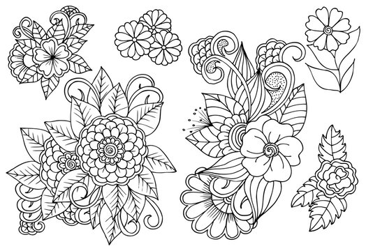 Set of black and white floral design elements.