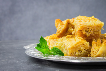 Jewish, turkish, arabic traditional national dessert. Macro. Selective focus. Baklava with honey and nuts