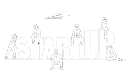 Fototapeta premium Cartoon working little people with word StartUp. Doodle cute miniature scene of workers . Hand drawn cartoon vector illustration for business design.