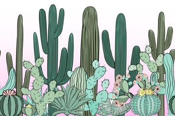 Seamless pattern with cactus. Wild cactus forest