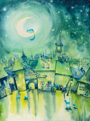 Cats town at night.Picture created with watercolors.