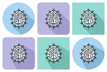 Outlined icon of  brain as central processing unit with parallel and not parallel long shadows. Artificial intelligence concept