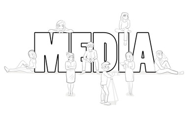 A team of young people works near the big word MEDIA. vector illustration.