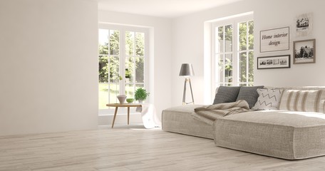 Idea of white room with sofa and summer landscape in window. Scandinavian interior design. 3D illustration