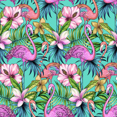 seamless pattern with tropical florals and flamingo.