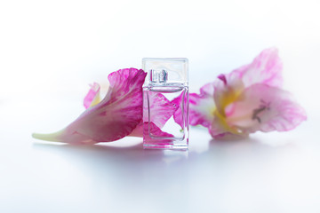 perfume with pink flowers over white