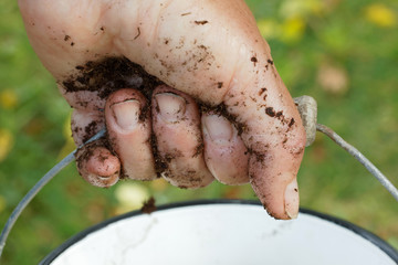 Cloddy hand of a farmer holding a bucket