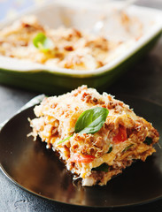Meat lasagna made with minced beef bolognese sauce