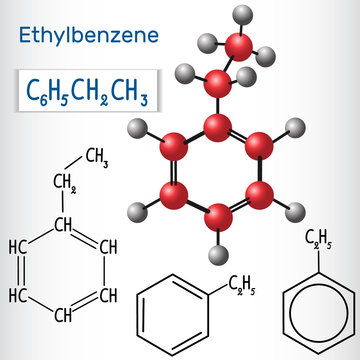 Ethylbenzene molecule - structural chemical formula and model