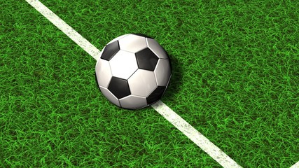 Football on a soccer field line in the green grass - 3d render
