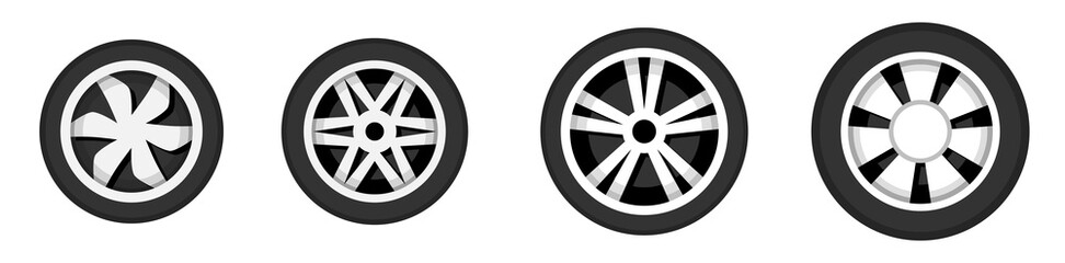 Wheel disk with tyre. Car wheels isolated. Wheels disks icons set. Side view, flat style. Vector illustration.