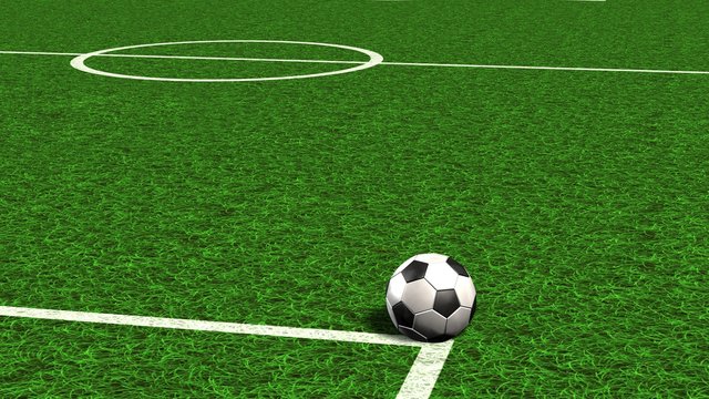 Football on a soccer field line in the green grass - 3d render