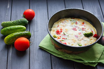Breakfast set. Pan of fried eggs