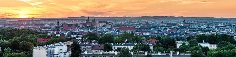 Fototapeta na wymiar Krakow panorama from Krakus Mound, Poland landscape during sunset.
