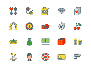 Casino set of thin line flat icons