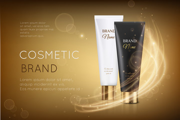 Luxury cosmetic template for ads, two cosmetic white tubes mockup for moisturizing cream, premium product on a shiny golden background