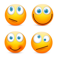 Smiley with blue eyes,emoticon set. Yellow face with emotions. Facial expression. 3d realistic emoji. Sad,happy,angry faces.Funny cartoon character.Mood.Vector illustration.