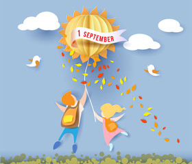 Back to school 1 september card with kids, leaves and sun on blue sky background. Vector illustration. Paper cut and craft style.