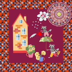 Cute raccoons are watering flowers near house. Fairy tale vector card.