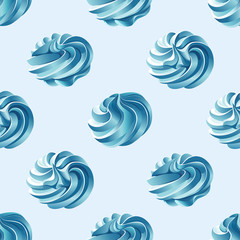 Seamless pattern with different shapes blue twisted meringue (zephyr, marshmallow) isolated on a light blue background.  - obrazy, fototapety, plakaty