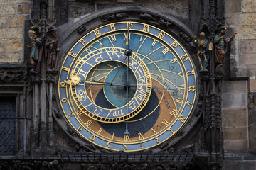 Close-up of the medieval Prague astronomical clock mounted on wall of Old Town Hall in the Old Town Square in Prague, Czech Republic.