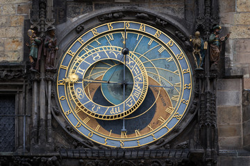 Close-up of the medieval Prague astronomical clock mounted on wall of Old Town Hall in the Old Town Square in Prague, Czech Republic.