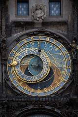Close-up of the medieval Prague astronomical clock mounted on wall of Old Town Hall in the Old Town Square in Prague, Czech Republic.