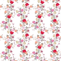 Seamless floral pattern with roses, chamomile and cactus flowers on white background.