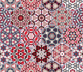Eastern seamless pattern tiles. Colorful vector set of hexagonal elements for design of wallpaper, fabric or wrapping paper.