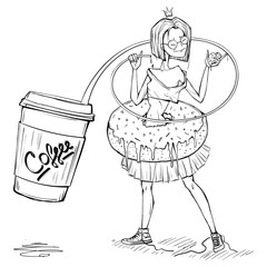 Beautiful chic girl in trainers with coffee, vector illustration, sweet donut