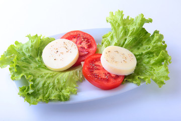 Portion of Mozzarella with Tomatoes, lettuce leaf and Balsamic dressing on white plate. selective focus close-up shot.