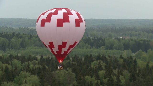 Colored balloons flying over forest and cottages
