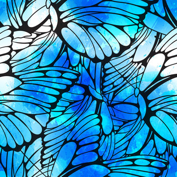Vector seamless pattern flying butterflies wiith vector watercolor texture. Abstract background with watercolour drops and strokes and butterfly wings