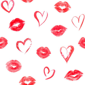 Seamless pattern with hearts and traces lips kisses