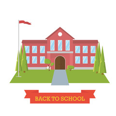Back to school concept. School yard with trees and flag. Education. Flat design building