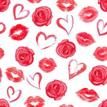 Seamless pattern with roses, hearts and trace lips kisses